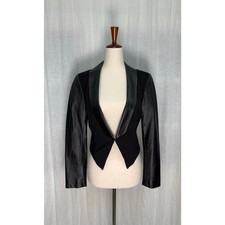 Bebe Ravenna Black Genuine Leather Contrast Blazer Crop Tuxedo Jacket Mix Media