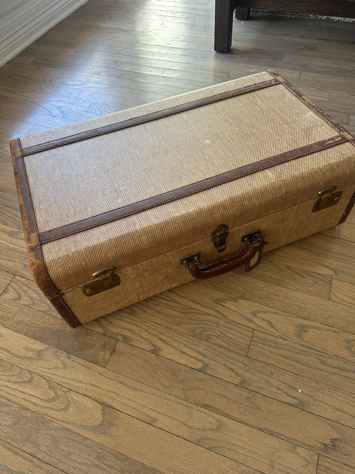 Maleta Maletero 1940 Tweed Cuero Borde Mango Raro De Colección Eagle Lock Co Foto 2 de 4