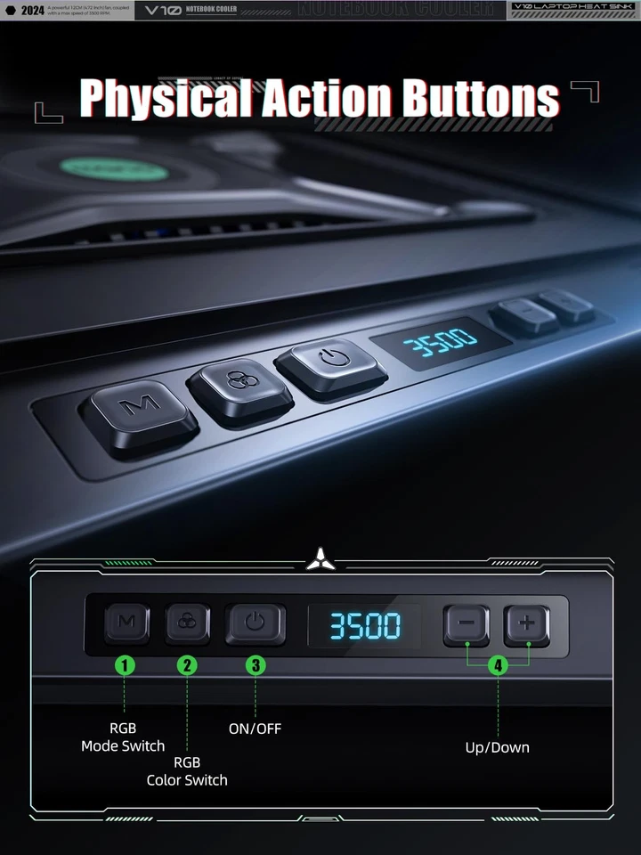 Almohadilla de enfriamiento para computadora portátil llano V10 RGB 13-17,3 pulgadas turbo ventilador soporte ajustable pesado Foto 4 de 4