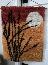 Vintage MCM Cattails At Sunset Latchhook Rug Orange Finished 20  x27  