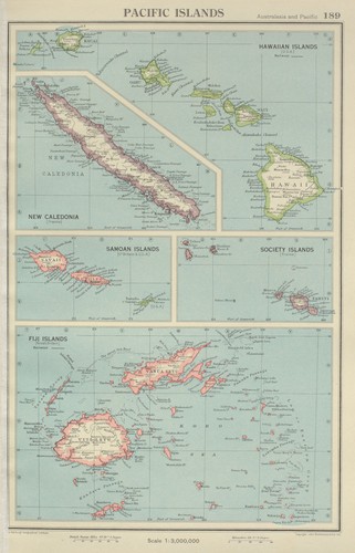 PACIFIC ISLANDS. Hawaii Samoa Fiji New Caledonia Society Islands 1947 old map