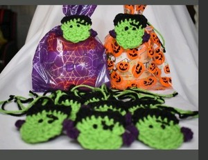 Crochet Frankenstein Halloween Treat Bag Ties Toppers - Set of 10