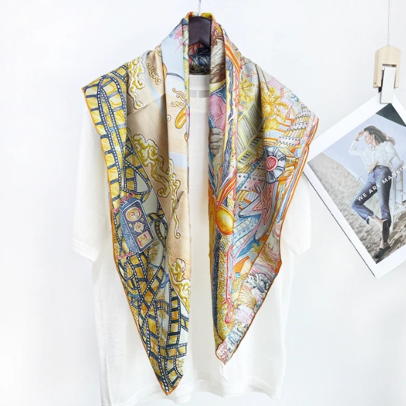 14 Momme Twill Silk kerchief Bandanna Scarf ribbon Print Square Shawl 35'' Wrap
