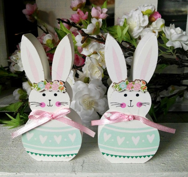 2 X Osterhase Osterdeko 10Cm Rosa TüRkis Weiß Hasen Figur Holz Paar Ostern Hase-image