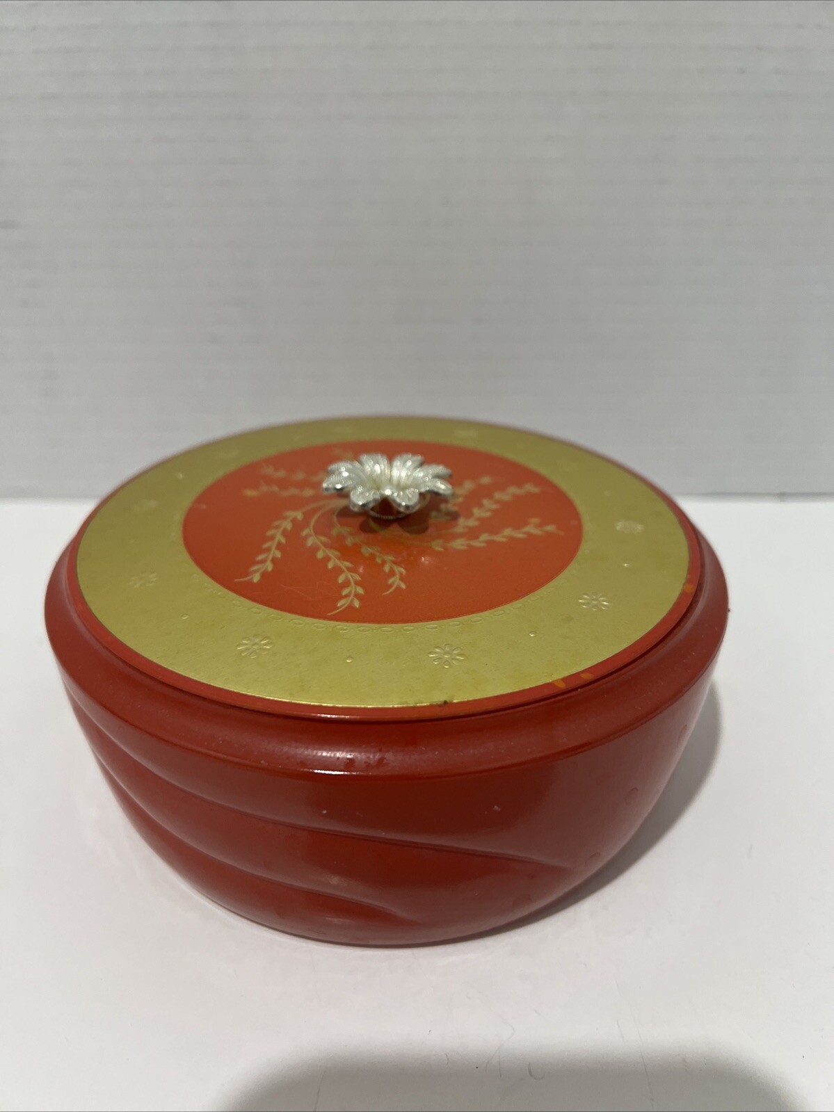 Vanity Dresser Avon Dusting Powder Puff Glass Container Jar Red MCM