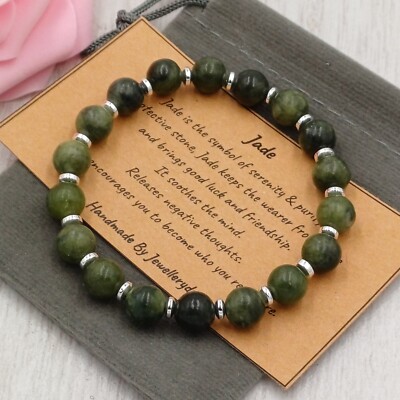 GRÜNE JADE Armband Stretch Fit Handarbeit + Geschenktüte & Karte Kristall Edelstein 8mm.