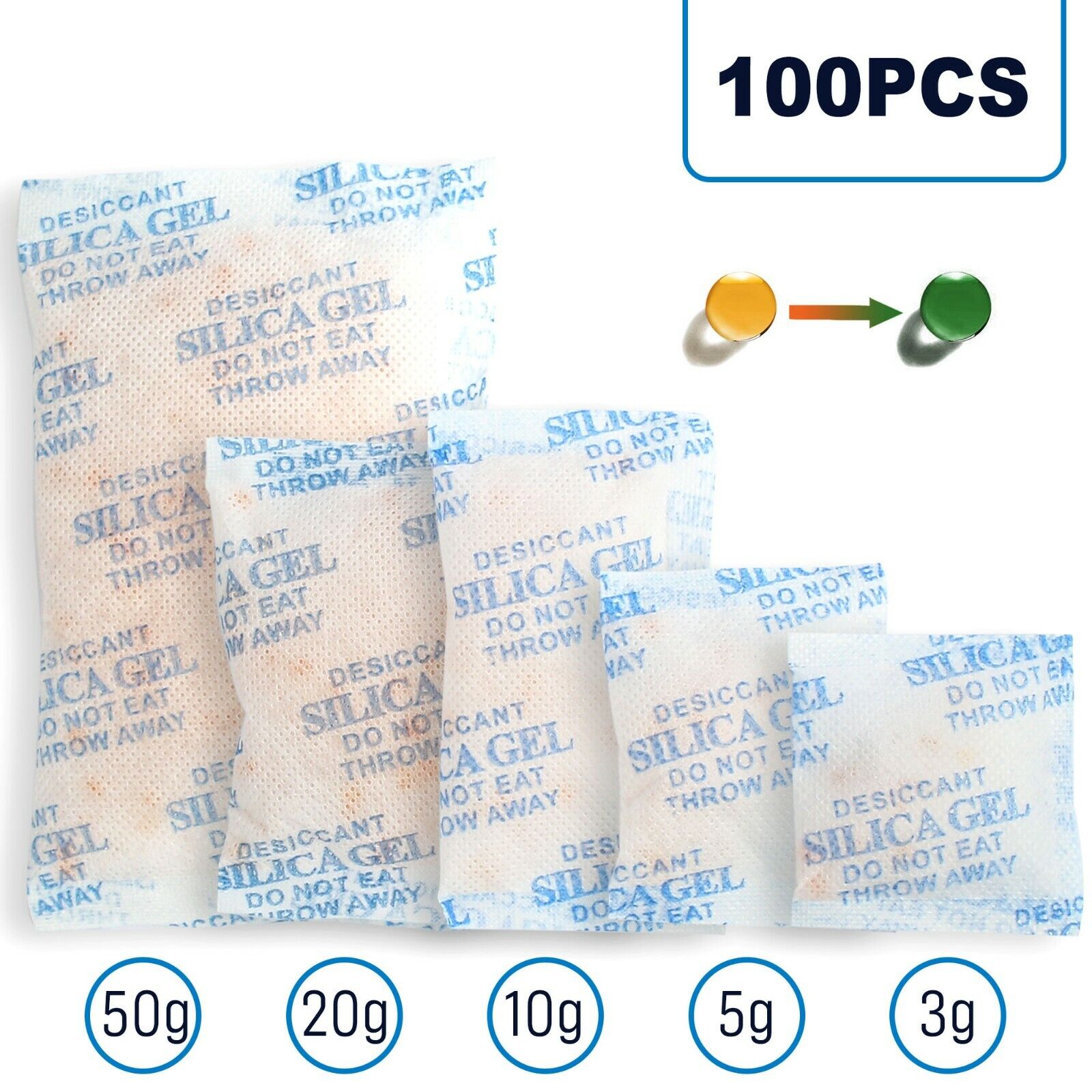 3/5/10/20/50 Gram Silica Gel Packets, 100Packs Total, Rechargeable Desiccant Packets with Orange Color Indicating, Food Safe Silica Gel for Moisture