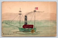 Stamp Art  Hand Colored  Steamer  "Clermont"  Robert Fulton Paddlewheel Postcard