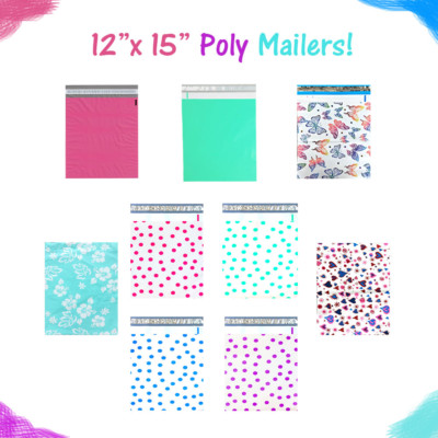 12'' x 15'' Designer Poly Mailers, Pink,Teal, Polka Dots,Hearts Flat Shipping Bags