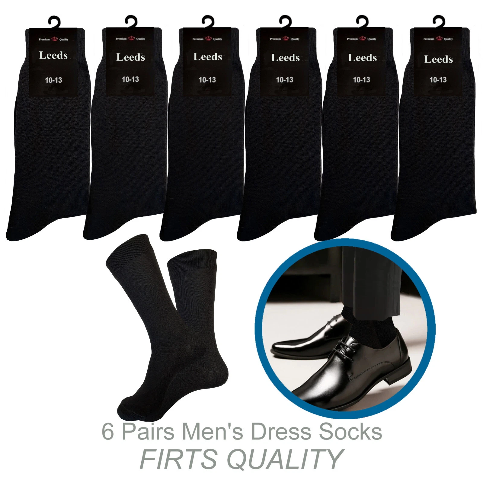 6 PK BLACK DRESS SOCKS FIRST QUALITY AMERICAN SIZE 10-13 NATURAL COTTON
