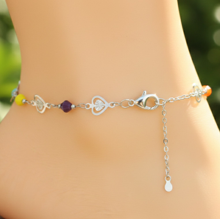 Handmade Silver Heart Charm Anklet | Premium topaz & Amethyst Beads