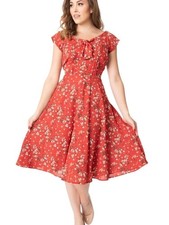 Unique Vintage Red Floral 1940s Inspired Tea Dress XL 14