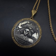 Egyptian Revival Medallion Pendant Necklace Gold Tone Silver Tone Pharaoh 