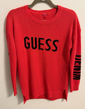 GUESS Womens Red Black Logo Knit Crew Neck Long Sleeve Pullover Sweater S