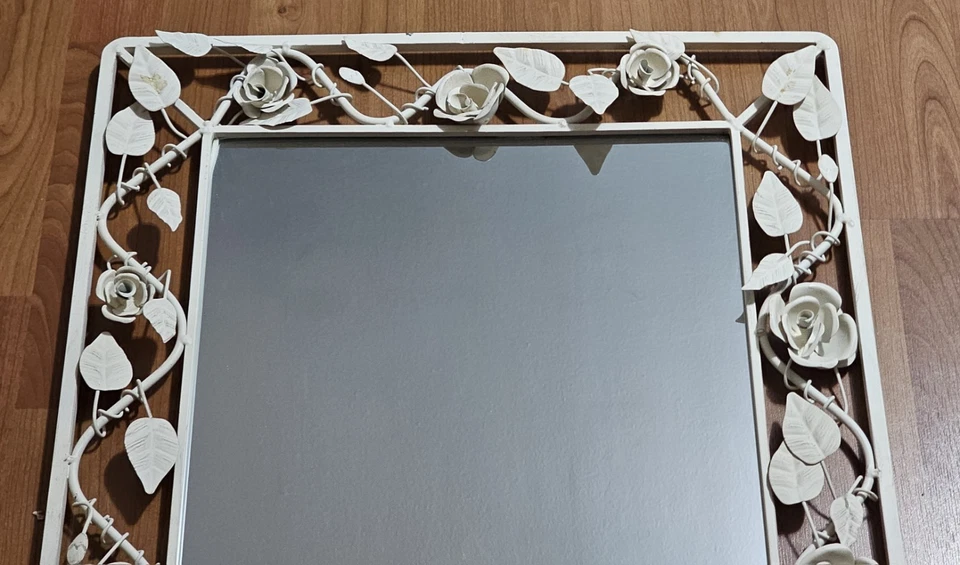 Vintage Italian Look White Painted Metal Rose Leaf Ornate Wall Mirror Art Deco - Image 2 of 4