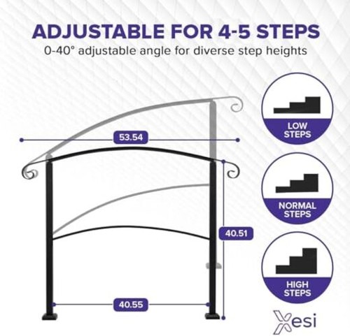  4-5 Step Handrails for Outdoor Steps with 4-5 steps (4.5 ft) Curved Black - Picture 5 of 6