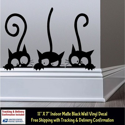 Cat Trio Funny 11'' X 7'' Indoor Removable Black Vinyl Decal Wall Door Mirror