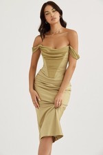 House of CB Natalya Olive Satin Midi Dress XS Sweetheart Neck Ruched Strappy
