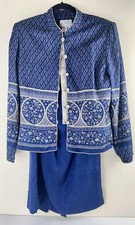Adrianna Papell Vintage 100 Silk 2 Piece Suit 10 Blazer Skirt Blue Gold Beige