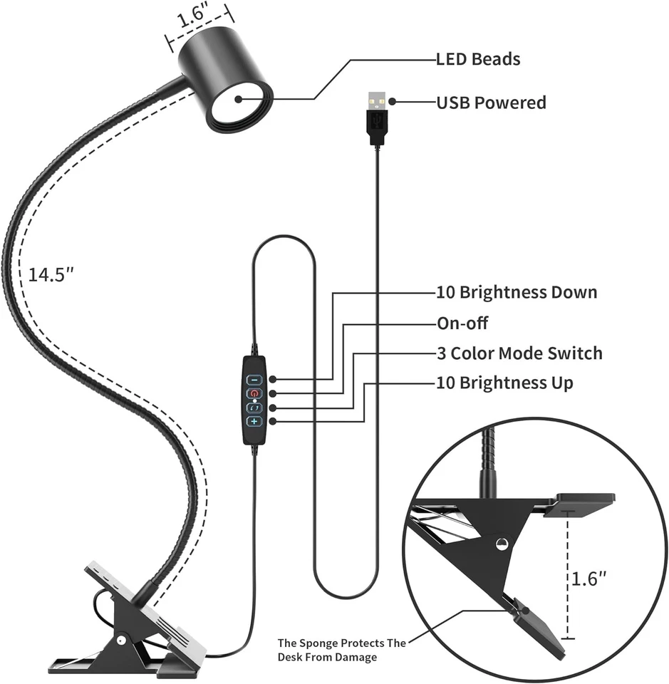 Dott Arts USB Clip On Desk Lamp – 3 Color Modes, 10 Brightness Levels, 360° - Image 3 of 4