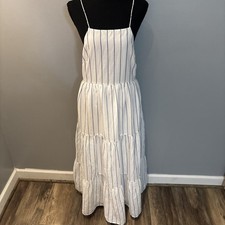 American Eagle Apron Neck Tiered  Dress White Blue Striped Women's Large NWT