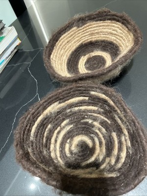 Artisan Basket Hand Woven Two Tone Coiled Handle Wool Southwestern Art Decor