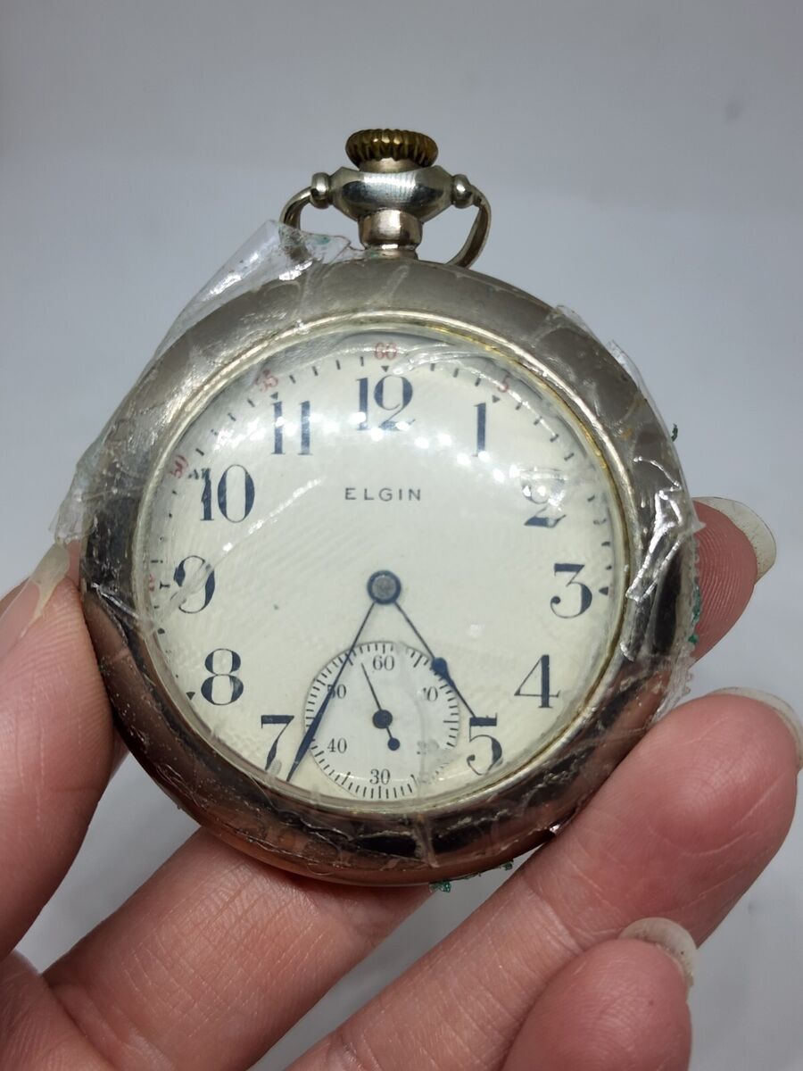 Antique 1917 Elgin Porcelain Face Nickel Silver Pocket Watch 7 Jewels  19544117