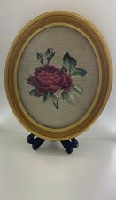 Vintage Finished Needlepoint Oval Frame w/glass a rose wine green 12.125  x10.25"