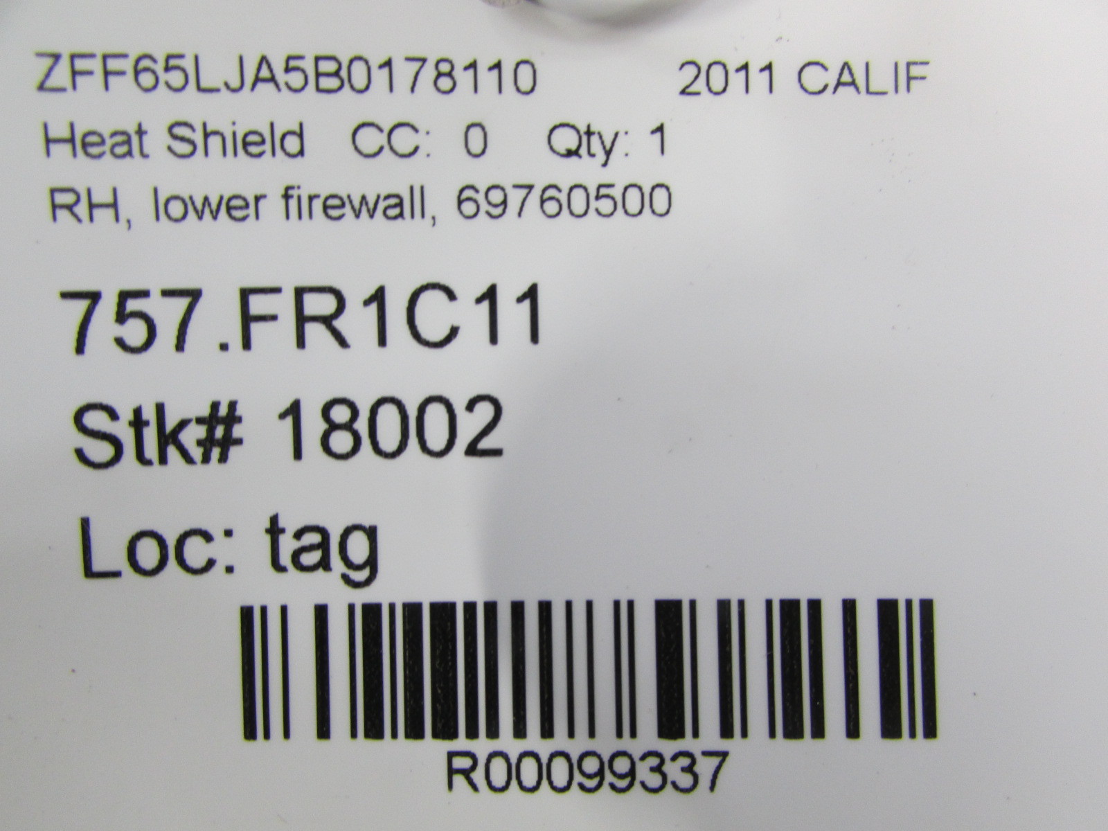 Ferrari California, RH, Right Lower Firewall Heat Shield, Used, P/N 69760500