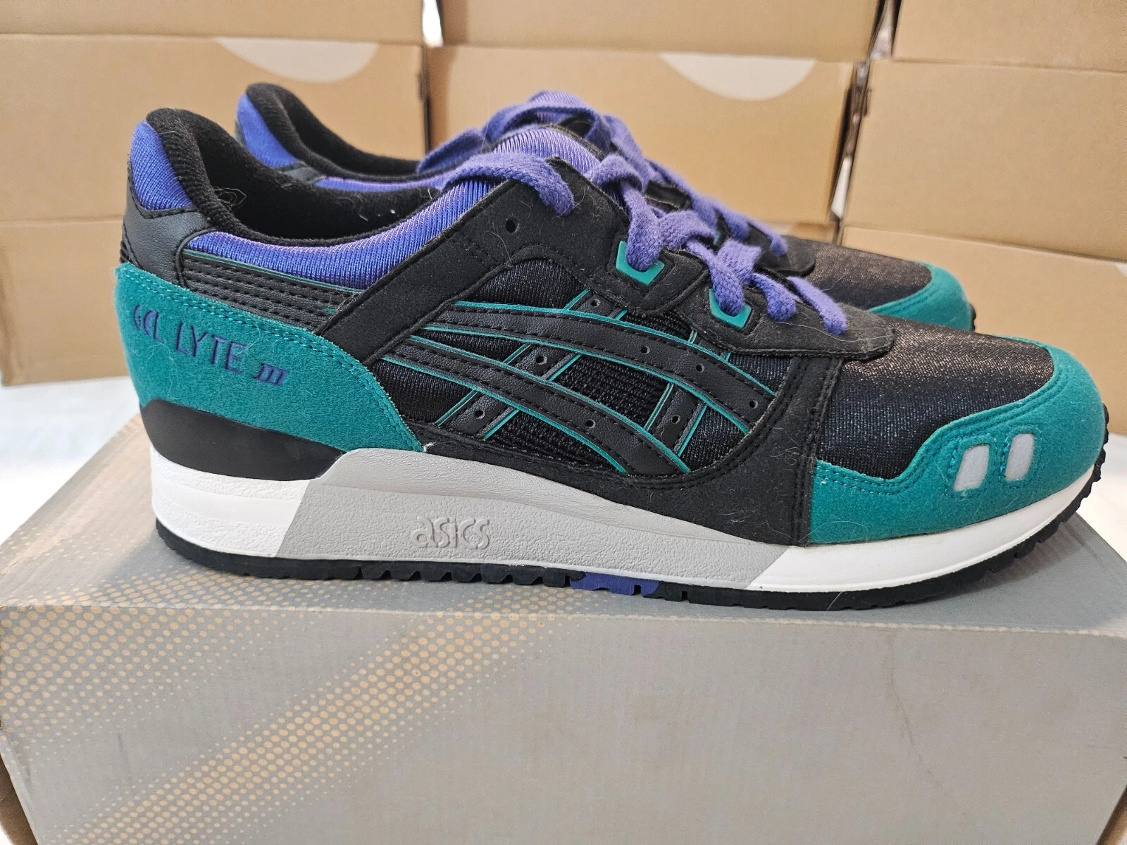 Asics Gel Lyte III nero viola (H284N 9033) US 10 5 nuovo senza etichette
