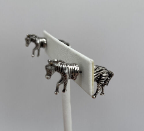 Silver Tone  Zebra Earrings Pierced Safari 2 parts front and back Animal - Picture 1 of 4