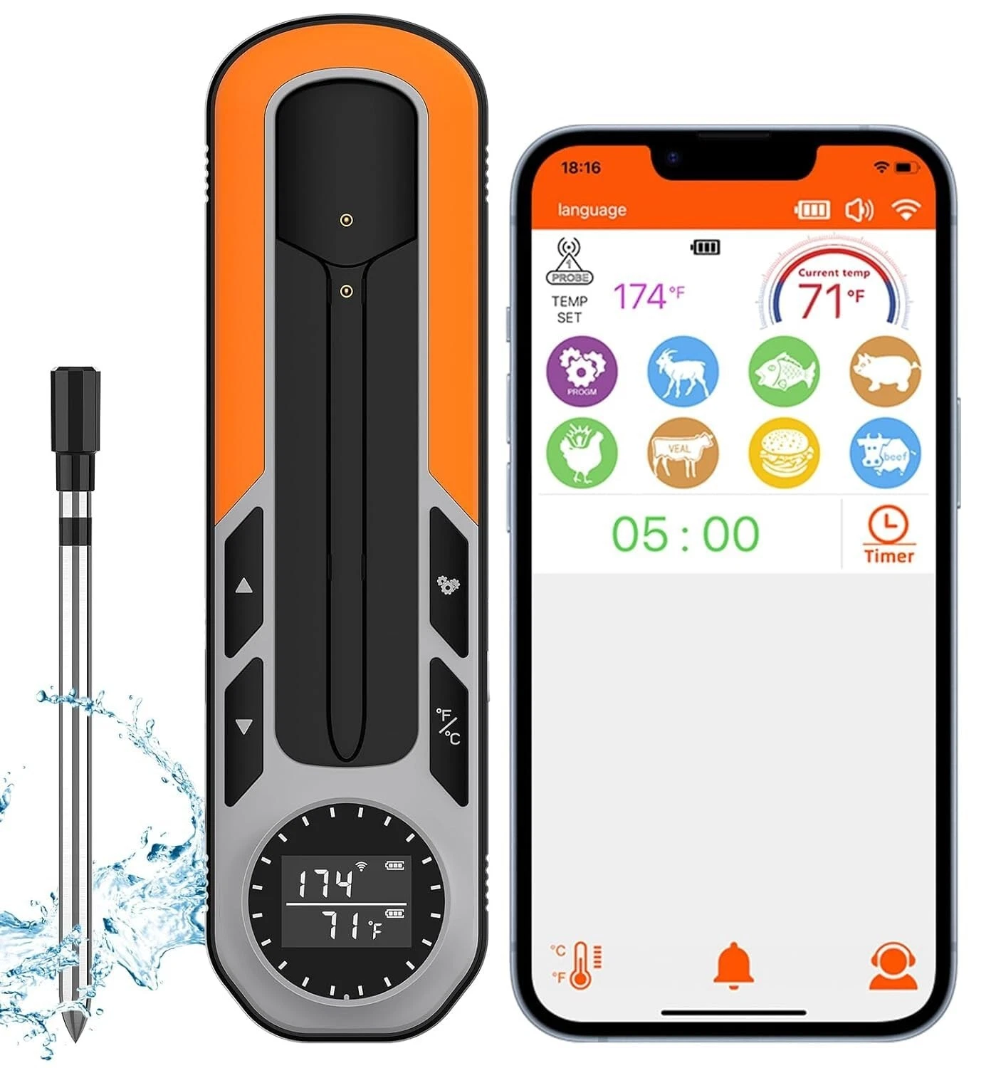 Smart Meat Thermometer with Bluetooth Wireless 500Ft Range for Oven Grill