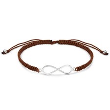 Infinity Love Sign Sterling Silver Charm Brown Rope Adjustable Bracelet