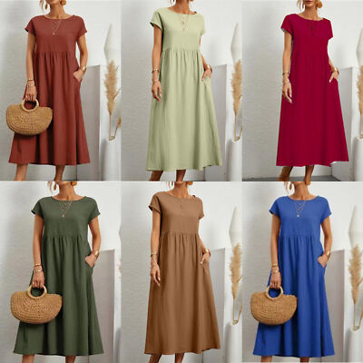 Ladies Cotton Linen Dress Pleated Summer Casual Holiday Plain