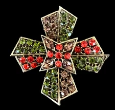 Vintage Amber Green Orange Rhinestone Maltese Cross Brooch Pin