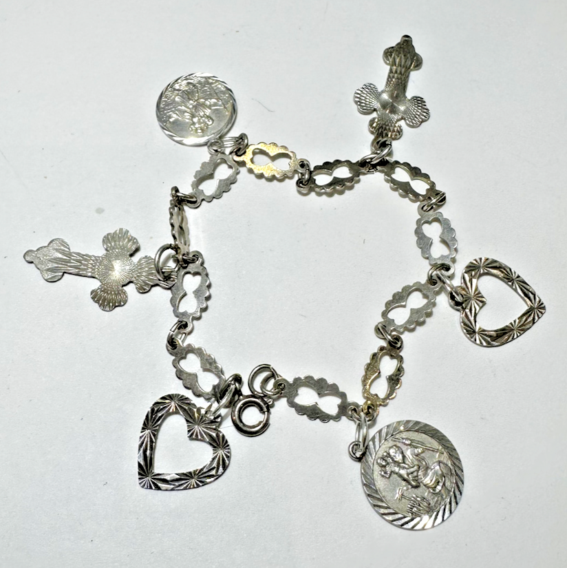 Dangle Etched Charms Religious Cross Heart Saint Anthony Silver