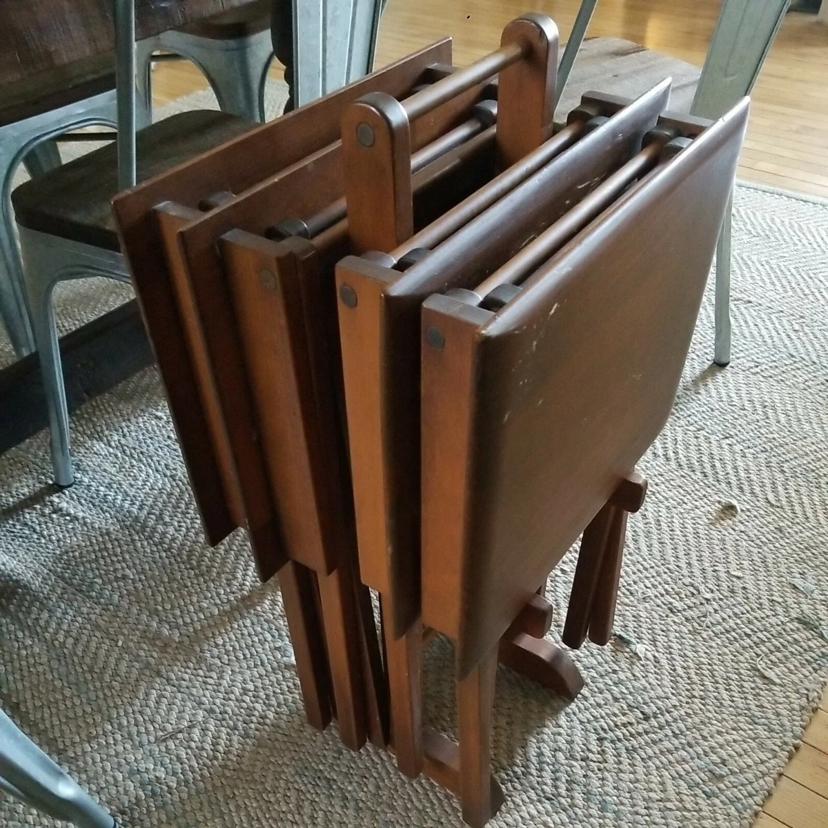 Set of 4 Dark Wood Mini TV Trays Folding Portable End Tables w