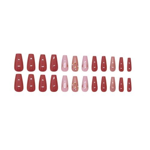 24 Pcs Wine Red Press on Nails Medium Square - Pink Fake Nails Design M06 - Bild 5 von 7