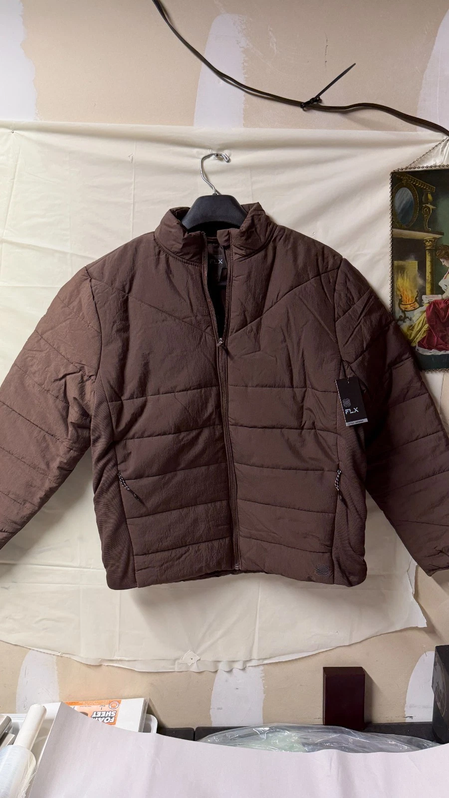 FLX Men’s Puffer Jacket Brown Size M Lightweight Quilted Zip Up NWT