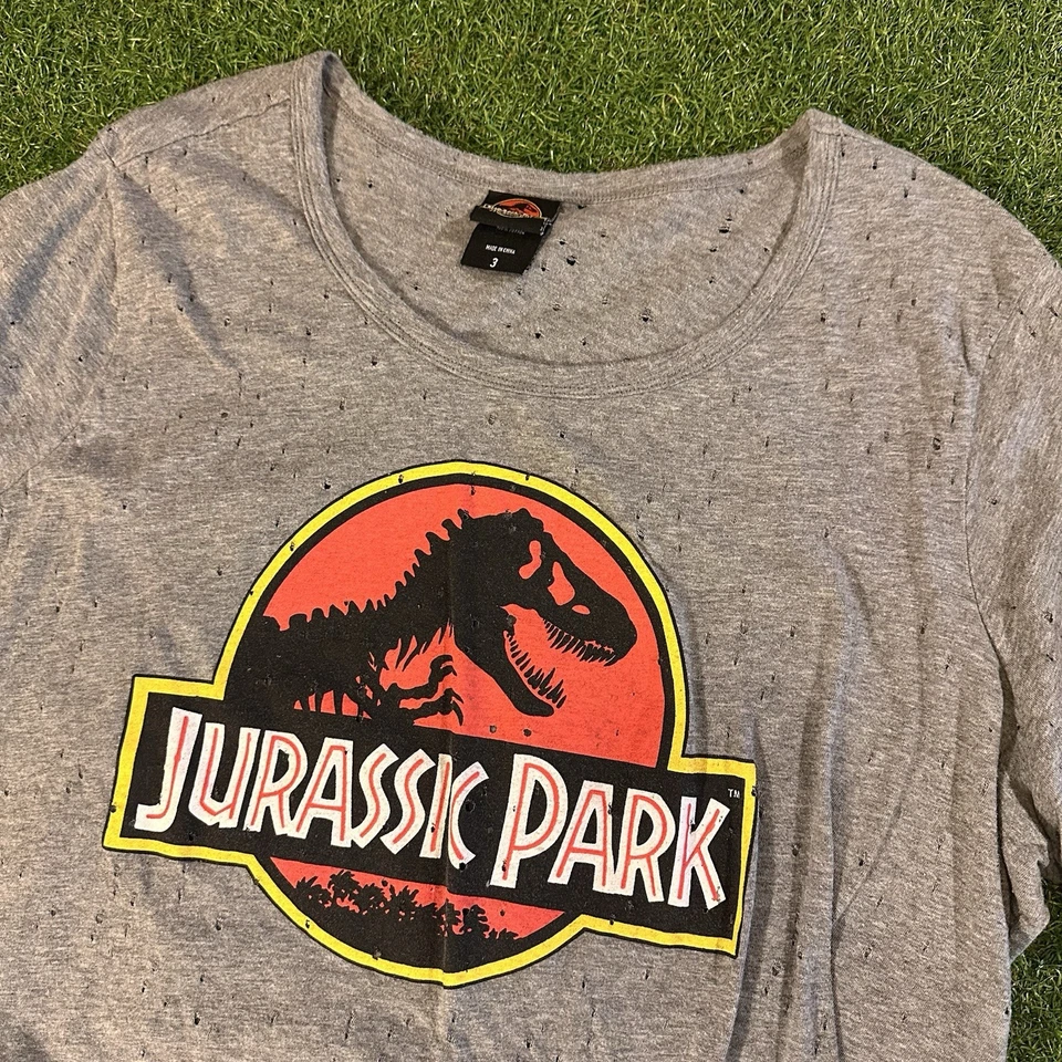 Jurassic Park 25th Anniversary Graphic T-Shirt Gray W/ Holes Sz 3 Womens - Image 2 of 4