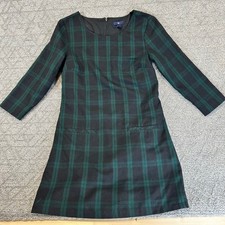 GAP Women Black Green Plaid Long Sleeve A-Line Dress Size 2