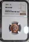 NGC MS-64 RB 1891 Indian Head Cent, Attractively Toned, Red-Brown specimen!