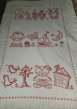 VTG Redwork Hand Embroidered Unisex Baby Quilt,Cat,Girl,Elephant Etc 55" X 36"