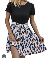 Womens Medium- Short Sleeve Belted Mini Dress A Line Flared Leopard Print