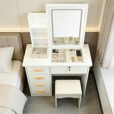 White Vanity Dressing Table With Drawer Lighted Mirror Stool Makeup Desk Bedroom