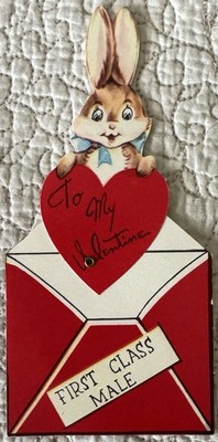 Unused Valentine Rabbit First Class Mail Male Mechanical Vtg Greeting Card 1960s