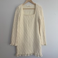 ASTR The Label Smocked Long Sleeve Lace Cream Square Neck Dress Women XL