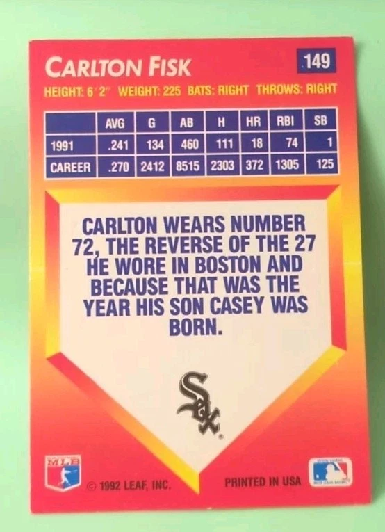 1992 Donruss Triple Play - Carlton Fisk #149 - Chicago White Sox  - Image 2 of 2