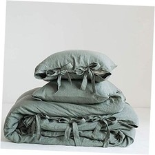 100 Linen Duvet Cover Set, 3 Pieces Belgian King Tie Closure Greyish-green