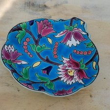 Longwy coupelle en céramique décor floral fond bleu turquoise